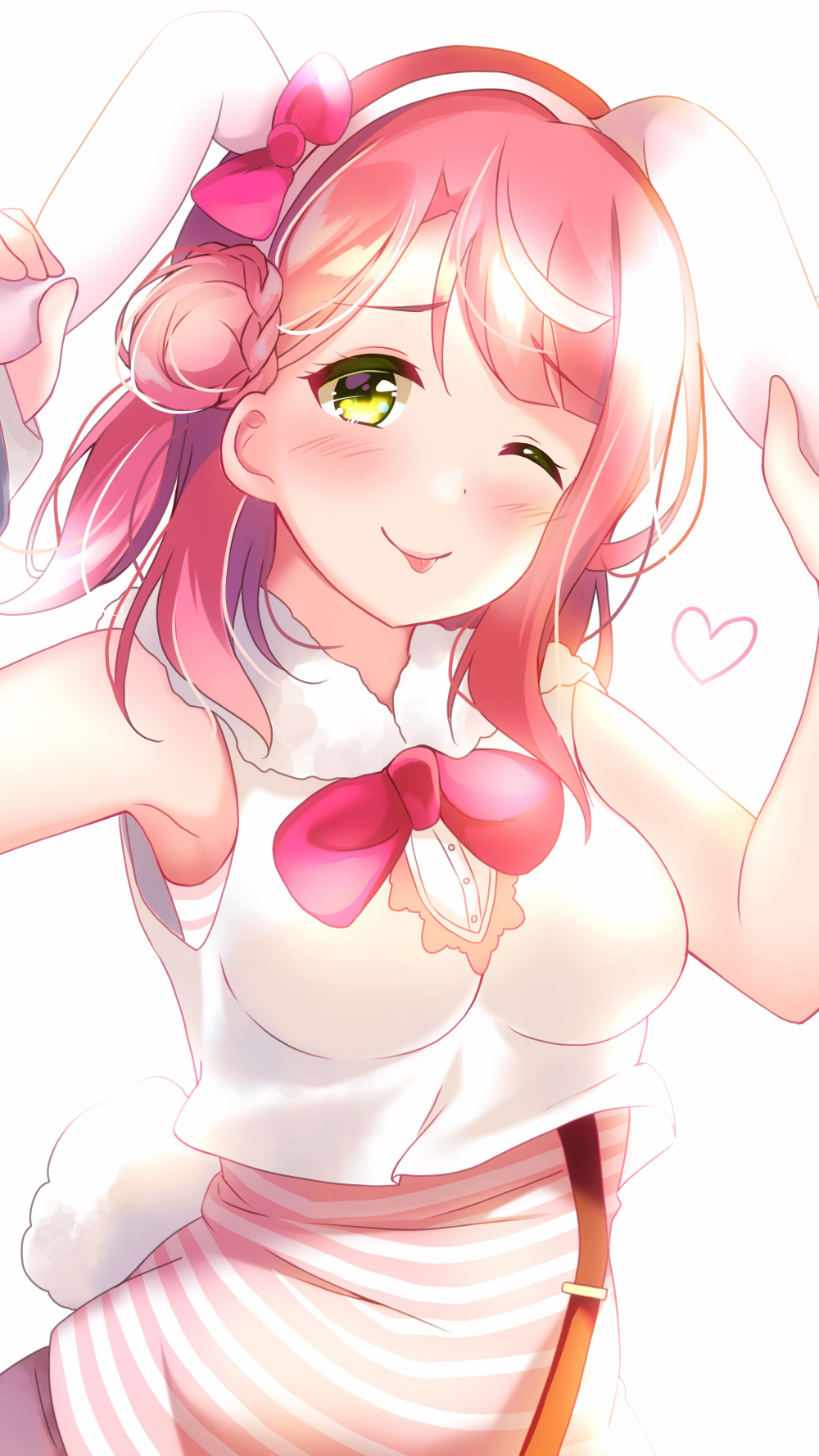 1girl ;) ;p animal_ears animal_print arm_warmers artist_name artist_request bare_shoulders blush bow bowtie braid braided_bun breasts buttons close-up cowboy_shot crescent_moon crescent_moon_symbol cropped_vest detached_sleeves exciting_animal_(love_live!) fake_animal_ears female_focus fur_trim green_eyes hair_bow hair_bun hairband heart highres hood hooded_vest hoodie looking_at_viewer love_live! love_live!_nijigasaki_high_school_idol_club love_live!_school_idol_festival love_live!_school_idol_festival_all_stars medium_breasts moon one_eye_closed orange_hair parted_lips pink_bow pink_shirt rabbit_ears rabbit_print rabbit_tail red_bow red_hair shirt short_hair side_bun single_detached_sleeve single_side_bun sleeveless sleeveless_hoodie smile solo striped_clothes striped_shirt suspenders tail tongue tongue_out uehara_ayumu upper_body vest white_background white_hairband white_hoodie white_vest wink yellow_eyes