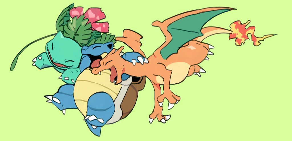 animal_focus blastoise charizard claws closed_eyes commentary dragon dragon_wings fangs fire flame-tipped_tail full_body gen_1_pokemon green_background kochi8i nintendo no_humans open_mouth plant pokemon pokemon_(creature) simple_background smile starter_pokemon_trio tail tongue venusaur vines wings