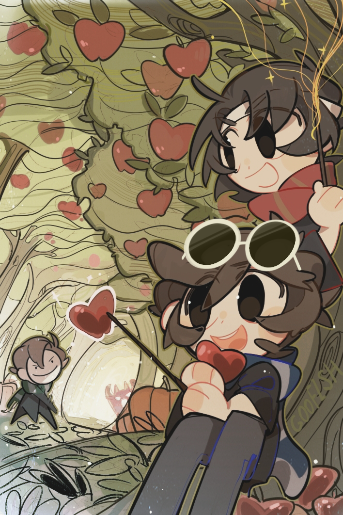 4boys ahoge animification apple badboyhalo blonde_hair brown_eyes brown_hair chibi chinese_commentary commentary_request deformed demon_boy dream_(youtuber) eyewear_on_head food fruit georgenotfound goofish hairband heart holding holding_wand male_focus mask minecraft_manhunt minecraft_youtube multiple_boys outdoors pumpkin red_scarf round_eyewear sapnap scarf short_hair smiley_face sunglasses tree wand white_hairband