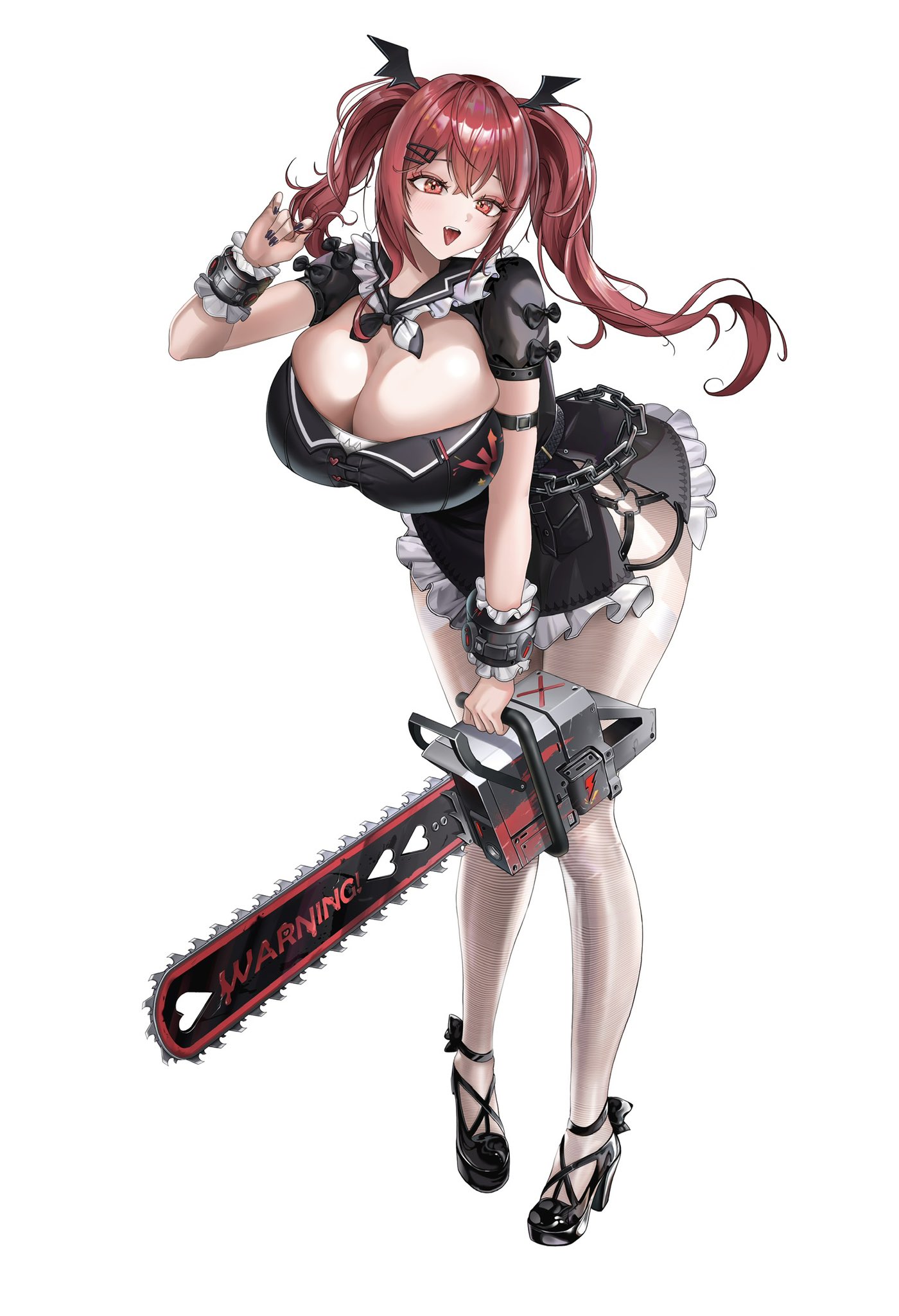 1girl black_dress black_shoes breasts chainsaw chowol cleavage dress full_body hand_up high_heels highres holding large_breasts long_hair looking_at_viewer nail_polish open_mouth original red_eyes red_hair shoes short_sleeves side_slit simple_background skindentation smile solo thighhighs tongue tongue_out twintails white_background wrist_cuffs