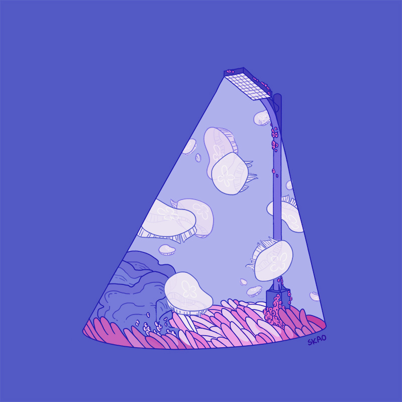 animal barnacle blue_background jellyfish lamppost light_rays limited_palette mellific night no_humans ocean original overgrown rock scenery sea_anemone simple_background spotlight swimming underwater water