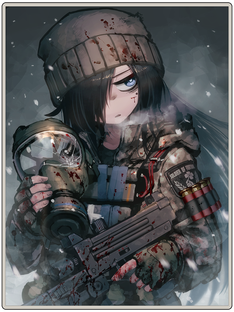 1girl ammunition beanie black_hair blood blood_on_clothes bloody_weapon blue_eyes brown_hat brown_jacket camouflage camouflage_jacket crack cracked_glass dairoku_ryouhei dated_commentary dynamite eight_wimp english_text explosive fingerless_gloves gas_mask gloves green_gloves gun hat hetza_(hellshock) holding holding_weapon jacket long_hair mask mole mole_under_eye one_eye_covered shotgun_shell snow solo submachine_gun upper_body weapon