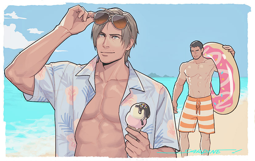 2boys adjusting_eyewear beach blue_eyes border brown_hair chris_redfield collared_shirt facial_hair floral_print food hawaiian_shirt holding holding_food holding_ice_cream holding_swim_ring ice_cream ice_cream_cone innertube leon_s._kennedy male_focus male_swimwear multiple_boys muscular muscular_male open_clothes open_shirt orange_male_swimwear parted_bangs print_shirt resident_evil sardine_(kjr0313) shirt short_hair smile striped_male_swimwear stubble sunglasses swim_ring tan tanline topless_male upper_body white_border