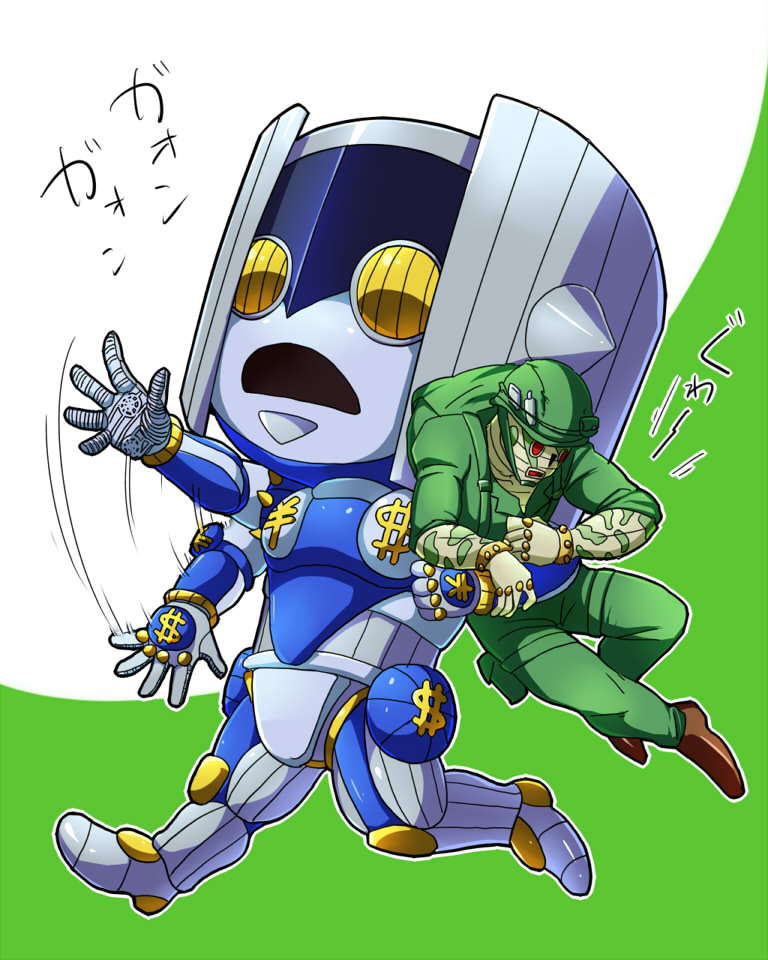 age_regression bad_company_(stand) child d: dollar_sign jojo_no_kimyou_na_bouken kamiura no_humans open_mouth stand_(jojo) the_hand_(stand) waving yen_sign aged_down