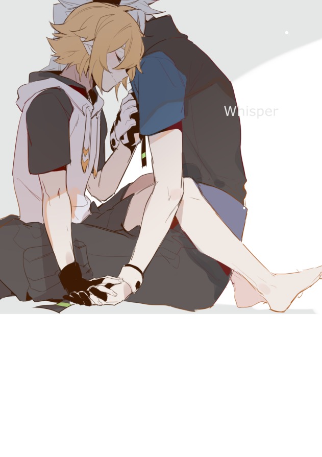 2boys aotu_world barefoot black_gloves black_pants black_shirt black_shorts blonde_hair blue_shirt bokyo closed_eyes english_text fingerless_gloves from_side gloves grey_(aotu_world) hair_between_eyes holding_hands hood hood_down hoodie jewelry king_(aotu_world) male_focus multiple_boys pants pointy_ears shirt short_hair short_sleeves shorts simple_background sitting sitting_on_person sleeveless sleeveless_hoodie spiked_hair vest white_background white_hair yaoi
