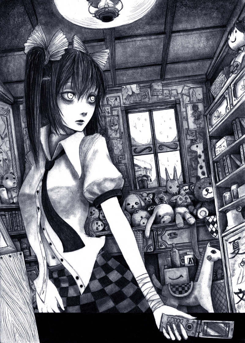 1girl amazon_(company) bandages book checkered_clothes checkered_skirt female_focus furby greyscale hane_(azelye) hat hata-tan_(rui_(hershe)) himekaidou_hatate looking_back monochrome navel necktie photo_(object) pyonta shirt short_sleeves skirt snow solo square-end_necktie stuffed_animal stuffed_toy teddy_bear touhou twintails unbuttoned window winter