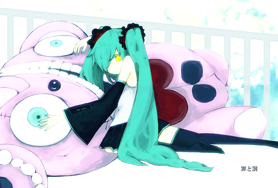 1girl carpenter creepy tsumi_to_batsu_(vocaloid) female_focus hatsune_miku kako_(n0g1_h) long_hair solo stuffed_animal stuffed_toy thighhighs tsumi_to_batsu_(vocaloid) twintails very_long_hair vocaloid