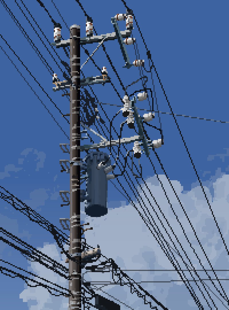blue_sky cloud cloudy_sky day from_below hisachan55cute no_humans original outdoors pixel_art power_lines scenery sky sky_focus utility_pole