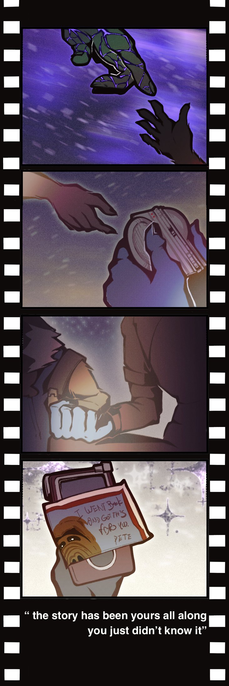 1girl 3boys digital_media_player drax_the_destroyer film_strip film_strip_border guardians_of_the_galaxy guardians_of_the_galaxy_vol._2 guardians_of_the_galaxy_vol._3 hashtag-only_commentary highres holding_digital_media_player holding_hands marvel marvel_cinematic_universe multiple_boys nebula_(gotg) raccoon_boy rocket_raccoon source_quote wuya12373004 yondu_udonta