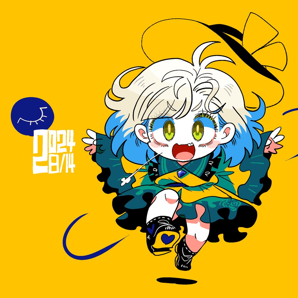 1girl blush_stickers chibi dated dress frilled_dress frilled_sleeves frills full_body green_eyes hat jumping koishi_day komeiji_koishi long_sleeves open_mouth outstretched_arms puff_of_air smile solo third_eye touhou white_hair wrist_cuffs yellow_background yt_(wai-tei)