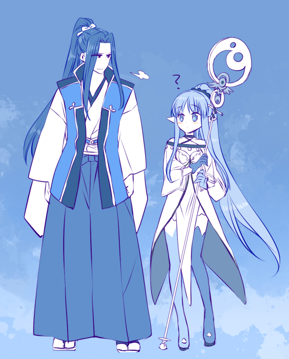 1boy 1girl bishounen fate/stay_night fate_(series) hecate&#039;s_staff_(fate) long_hair medea_(caster)_(fate) medea_(fate) medea_lily_(fate) pointy_ears sasaki_kojirou sasaki_kojirou_(fate) staff thighhighs very_long_hair yakan_(kusogaki_teikoku)