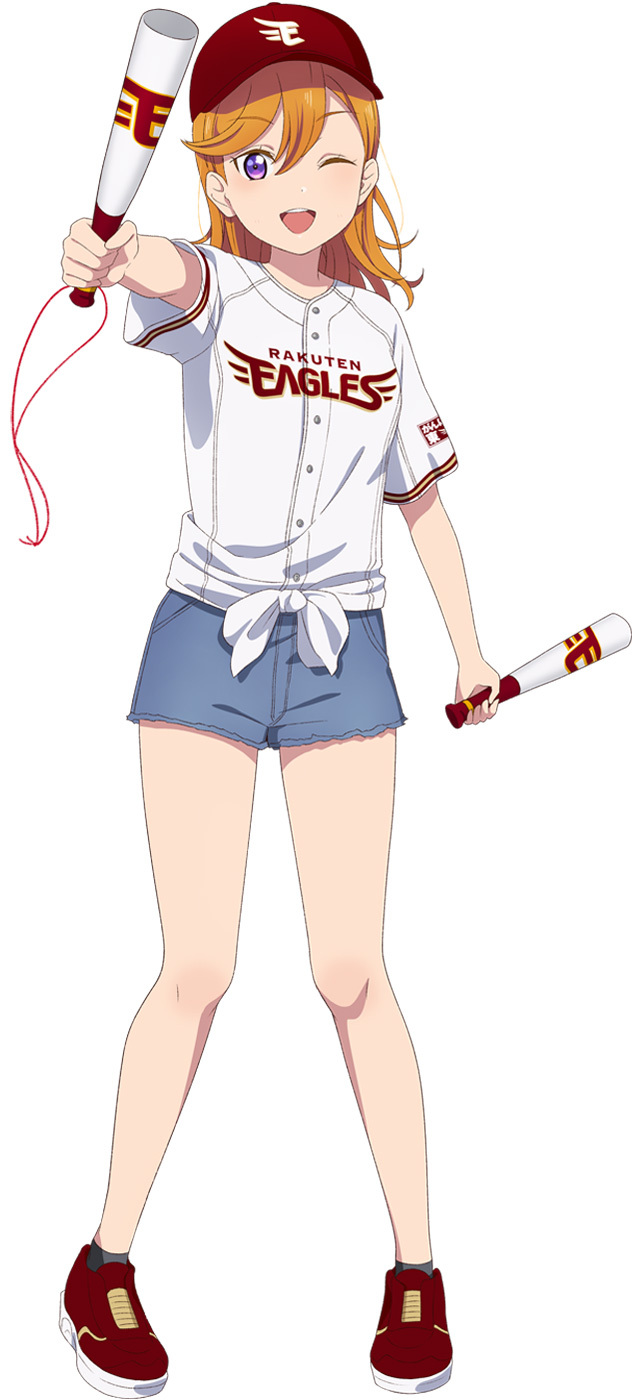 1girl ;d anime_coloring ankle_socks arm_up baseball blue_shorts blush cheering denim denim_shorts full_body grey_socks hair_between_eyes highres holding long_hair looking_at_viewer love_live! love_live!_superstar!! megaphone nippon_professional_baseball official_art one_eye_closed open_mouth orange_hair outstretched_arm pigeon-toed purple_eyes red_shoes shibuya_kanon shirt shoes short_shorts short_sleeves shorts simple_background smile socks solo standing teeth tied_shirt touhoku_rakuten_golden_eagles upper_teeth_only white_background white_shirt