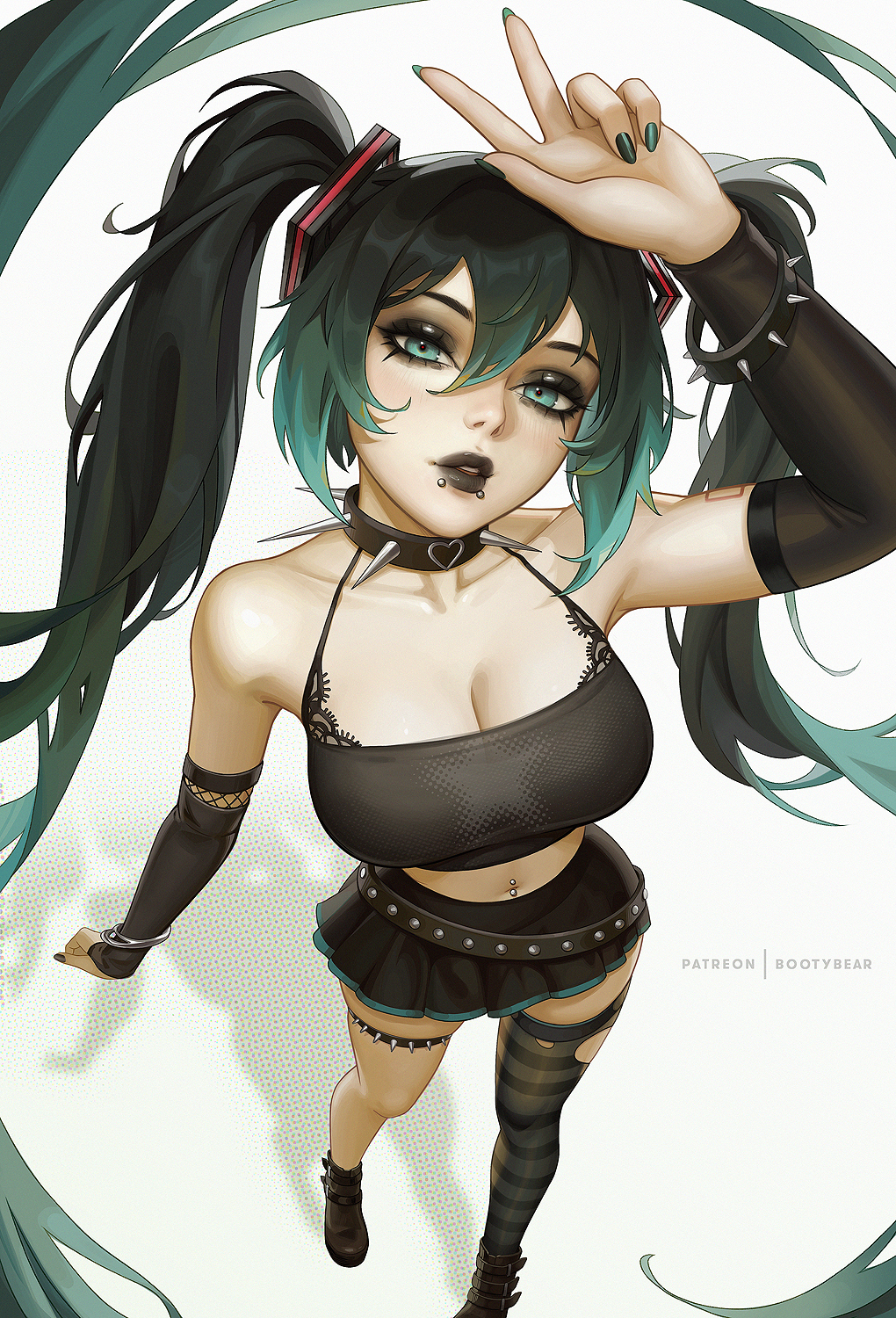 1girl bare_shoulders black_hair black_lips black_shirt bootybear breasts cleavage collar collarbone from_above goth_fashion grey_eyes grey_hair hatsune_miku highres large_breasts long_sleeves multicolored_hair navel_piercing piercing shirt shoes single_thighhigh solo spiked_collar spikes striped_clothes striped_thighhighs teeth thighhighs two-tone_hair vocaloid