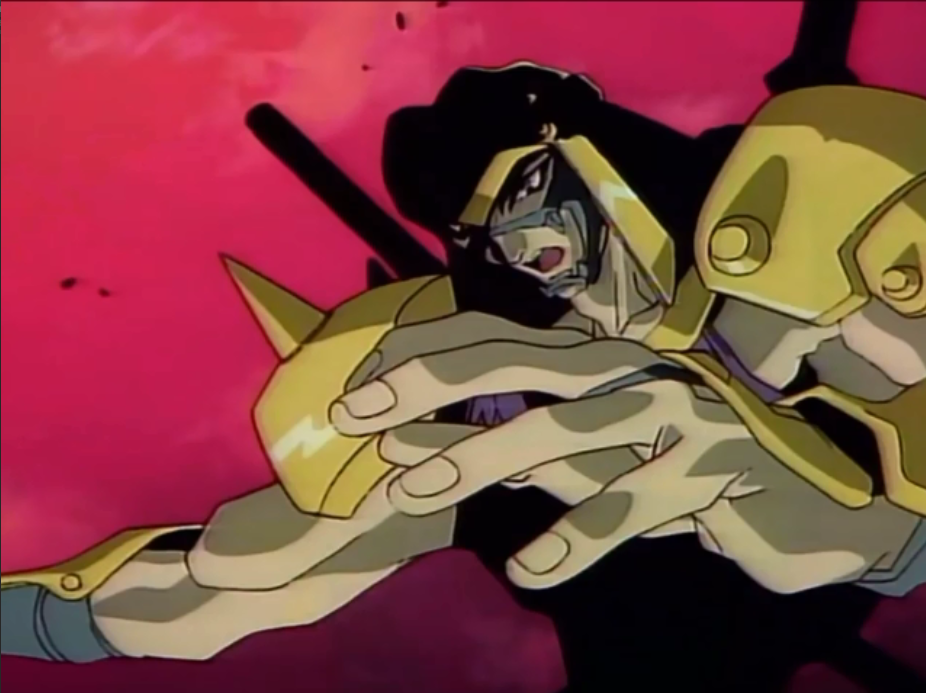 1990s_(style) 1boy armor choujin_gakuen_gowcaizer fudomaru helmet masked ninja oobari_masami red_sky retro_artstyle screencap shoulder_armor sky