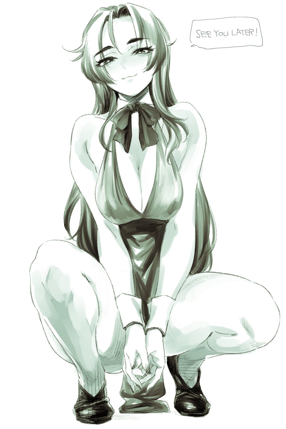 1girl beyond_citadel breasts cleavage commentary_request english_text full_body highres large_breasts lkhkmpmp8 long_hair monochrome smile solo squatting the_citadel
