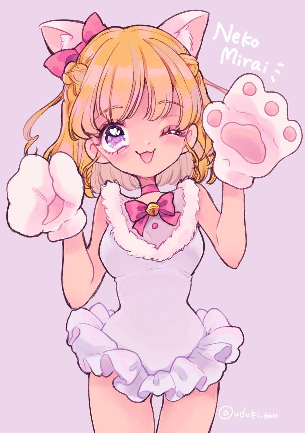 1girl :d animal_ear_fluff animal_ears animal_hands asahina_mirai bell blonde_hair bow bowtie braid cat_ears choker cowboy_shot ear_bow frilled_leotard frills fur_trim gloves half_up_braid highres kemonomimi_mode leotard looking_at_viewer mahou_girls_precure! mahou_girls_precure!!_mirai_days medium_hair one_eye_closed open_mouth paw_gloves paw_pose precure purple_background purple_eyes simple_background sleeveless smile solo standing uzuki_aki white_leotard