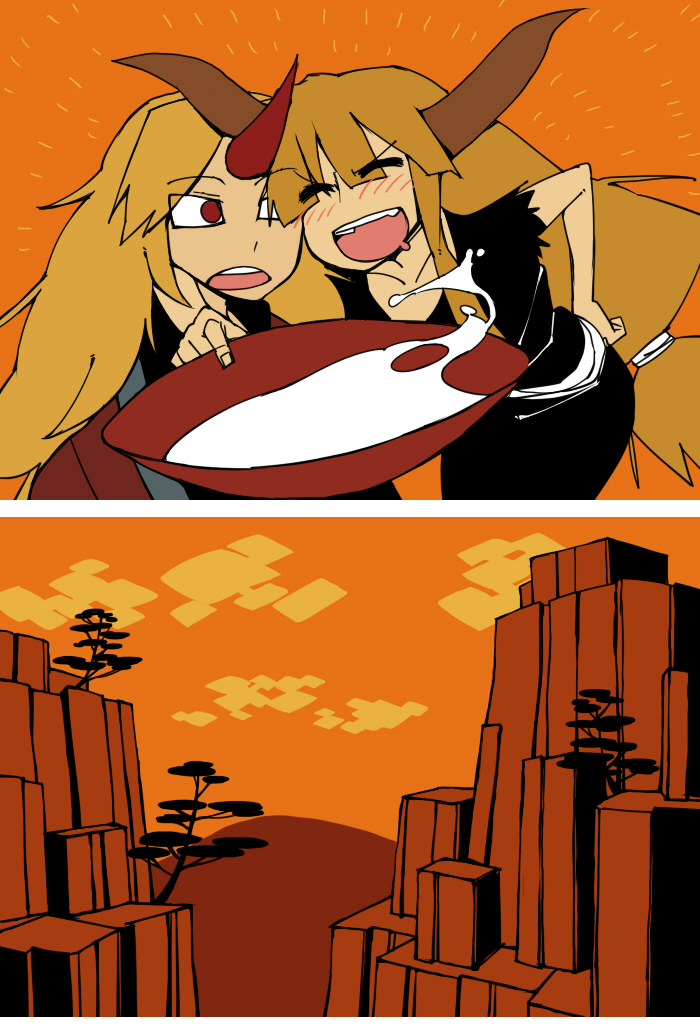 2girls alcohol alternate_costume bad_id bad_pixiv_id comic female_focus hoshiguma_yuugi ibuki_suika japanese_clothes multiple_girls red_eyes sake silent_comic touhou yaza