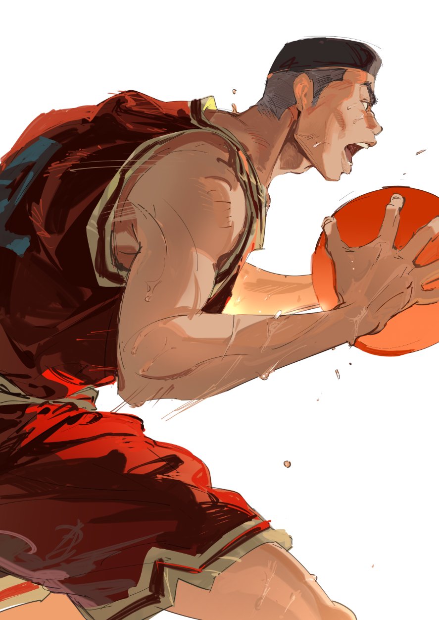 1boy akagi_takenori arms_up atie1225 ball bare_shoulders basketball basketball_(object) basketball_jersey basketball_shorts basketball_uniform black_hair commentary dark-skinned_male dark_skin flattop from_side highres holding holding_ball male_focus open_mouth playing_sports red_shorts short_hair shorts sideburns simple_background slam_dunk_(series) sleeveless solo sportswear sweat symbol-only_commentary teeth thick_eyebrows undercut unfinished upper_teeth_only very_sweaty white_background