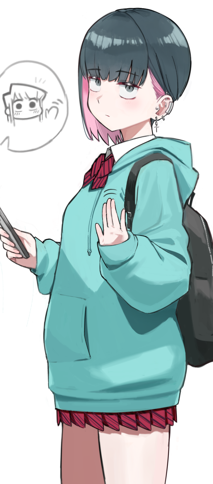 1girl aqua_hoodie ayatak0517 bow bowtie cellphone colored_inner_hair cross cross_earrings ear_piercing earclip earrings grey_eyes grey_hair hair_behind_ear highres holding holding_phone jewelry komi-san_wa_komyushou_desu komi_shouko motion_lines multicolored_hair phone piercing pink_hair red_bow red_bowtie red_skirt shiina_muzuka simple_background skirt smartphone spoken_character striped_bow striped_bowtie striped_clothes striped_skirt waving white_background