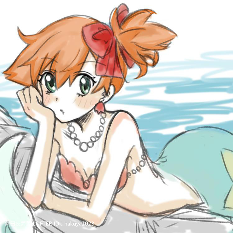1girl asymmetrical_hair bare_shoulders bikini bikini_top_only blush bow breasts creatures_(company) earrings female_focus game_freak gen_1_pokemon green_eyes gym_leader hair_bow hair_ornament hair_tie hakuya_1023 jewelry legs looking_at_viewer lying mermaid mermaid_misty_(pokemon) misty_(pokemon) monster_girl monsterification necklace nintendo on_stomach orange_hair pokemon pokemon_(anime) pokemon_(classic_anime) pokemon_rgby ponytail rock seashell shell shell_bikini short_hair side_ponytail small_breasts solo swimsuit water