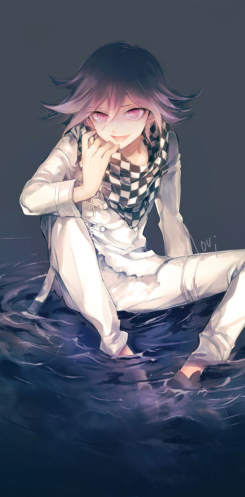 1boy adjusting_scarf belt belt_buckle black_scarf black_shoes buckle buttons checkered_clothes checkered_scarf danganronpa_(series) danganronpa_v3:_killing_harmony double-breasted full_body grey_background hair_between_eyes highres jacket long_sleeves looking_at_viewer lovi_(momoko37) male_focus multicolored_buttons oma_kokichi open_belt open_mouth pants purple_eyes purple_hair ripples scarf shaded_face shoes short_hair signature sitting sitting_on_liquid smile soaking_feet solo thigh_belt thigh_strap torn_clothes torn_jacket two-tone_scarf water white_belt white_jacket white_pants white_scarf