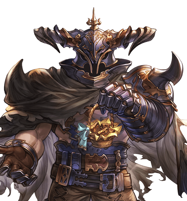 1boy armor basket dark-skinned_male dark_skin draph facing_viewer gift granblue_fantasy helmet horns male_focus muscular muscular_male official_art presenting solo torn_clothes transparent_background vaseraga white_day