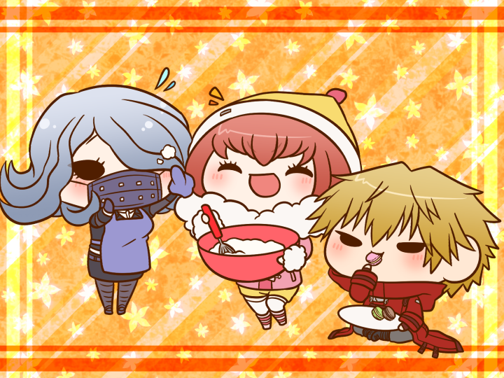 1boy 2girls ^_^ ando_ruruka apron batter beanie belt belt_buckle black_dress black_eyes black_footwear blonde_hair boots bowl breasts buckle chibi closed_eyes closed_mouth coat collared_coat collared_dress collared_shirt commentary_request covered_mouth danganronpa_(series) danganronpa_3_(anime) dress eating eyelashes floral_background food fur-trimmed_headwear fur-trimmed_hood fur-trimmed_sleeves fur_trim gloves gradient_hair grey_hair grey_pants grey_pantyhose hair_over_one_eye hand_on_own_face handkerchief happy hat high_belt high_collar holding holding_bowl holding_food holding_handkerchief holding_plate holding_whisk hood hood_down hooded_coat izayoi_sounosuke kimura_seiko knee_boots knees_apart_feet_together lapels layered_sleeves light_blush long_sleeves macaron mary_janes mask medium_breasts mouth_mask multicolored_hair multiple_belts multiple_girls notched_lapels notice_lines open_mouth orange_background pants pantyhose pink_coat pink_hair pink_shoes plate pom_pom_(clothes) pom_pom_beanie purple_apron purple_belt purple_gloves purple_mask red_coat red_footwear shirt shoes short_dress short_hair shorts simple_background sitting sleeves_past_wrists smile solid_eyes standing stirring striped_clothes striped_footwear studded_mask two-tone_footwear whisk white_belt white_pantyhose white_shirt winter_clothes winter_coat yellow_hat yellow_shorts yumaru_(marumarumaru)
