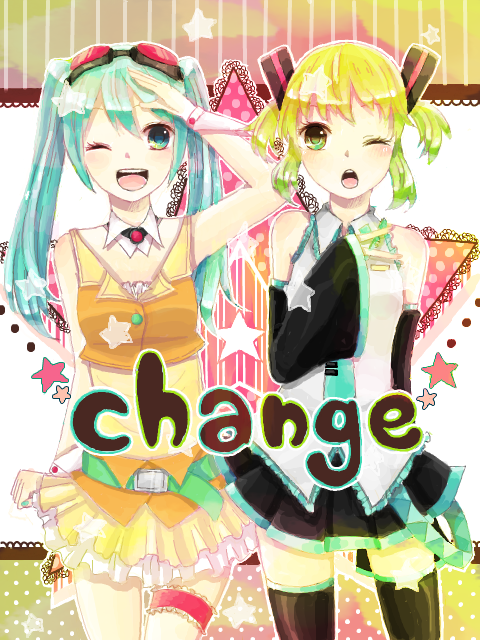 2girls aqua_eyes aqua_hair bad_id bad_pixiv_id cosplay costume_switch detached_sleeves goggles goggles_on_head green_eyes green_hair gumi gumi_(cosplay) hatsune_miku hatsune_miku_(cosplay) long_hair multiple_girls necktie one_eye_closed open_mouth poria skirt smile tegaki thighhighs twintails vocaloid wink zettai_ryouiki