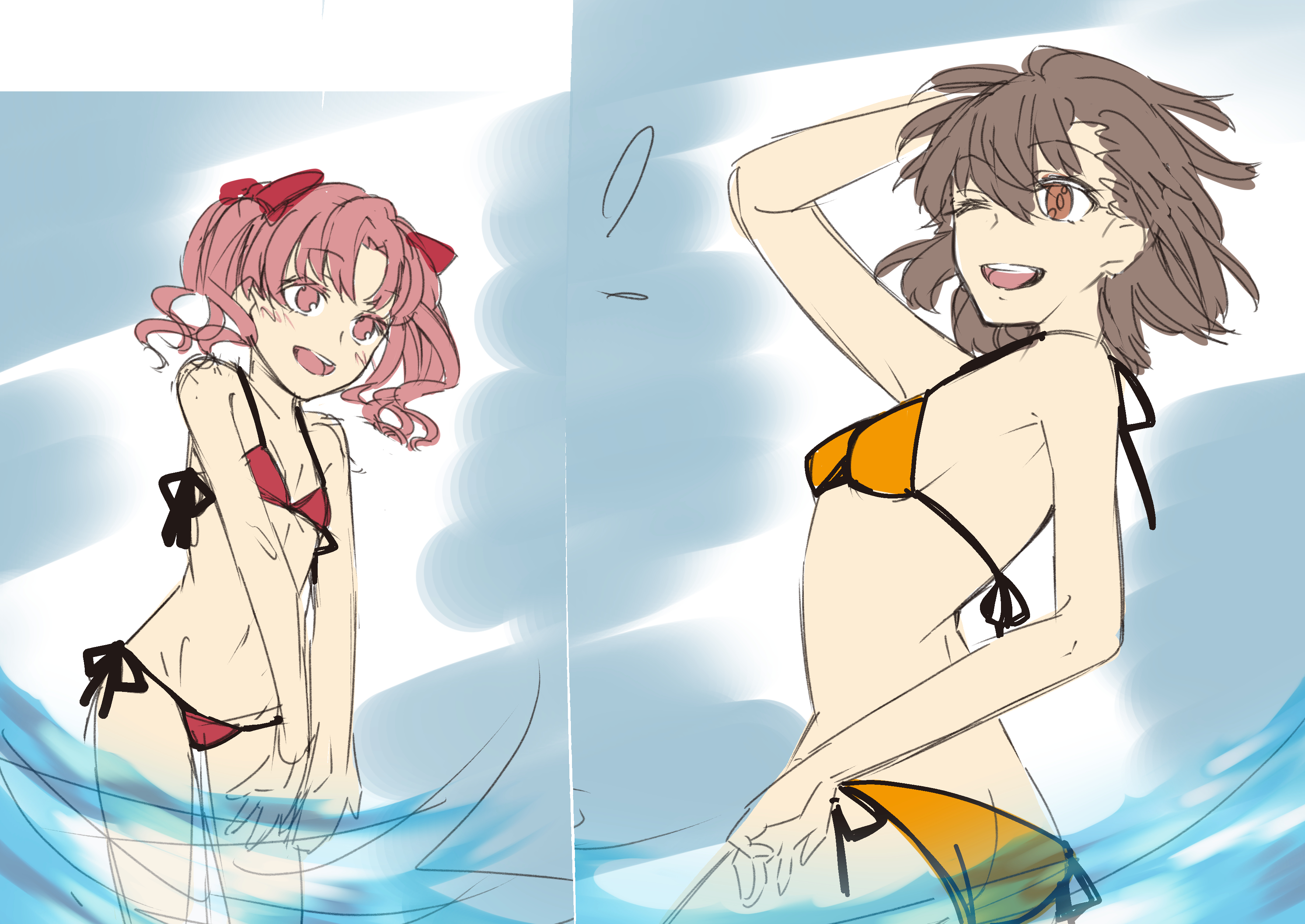 2girls :d ;d absurdres arm_up armpits ass bikini blush bow breasts brown_eyes brown_hair butt_crack commentary_request cowboy_shot day flat_chest hair_bow hair_ornament hair_ribbon higashizukihi_sei highres long_hair misaka_mikoto multiple_girls navel one_eye_closed open_mouth pink_eyes pink_hair red_bikini red_eyes ribbon shirai_kuroko short_hair side-tie_bikini_bottom sketch small_breasts smile splashing standing string_bikini swimsuit toaru_kagaku_no_railgun toaru_majutsu_no_index twintails wading water yellow_bikini