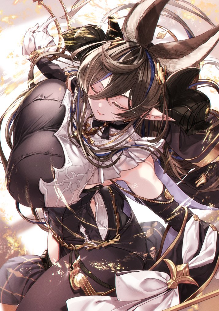 1girl 218 animal_ears bare_shoulders black_dress blue_hair blush breasts brown_hair closed_eyes detached_sleeves dress extra_ears frilled_dress frilled_sleeves frills galleon_(granblue_fantasy) gloves granblue_fantasy hair_between_eyes hair_ornament horns large_breasts long_hair multicolored_hair pointy_ears smile solo streaked_hair very_long_hair white_gloves