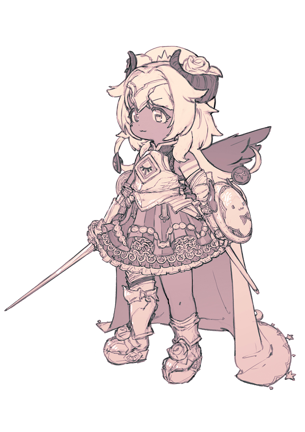 1girl :3 adapted_costume amaryllis_gumi armor armored_boots asymmetrical_footwear boots breastplate buckler cape chainmail closed_mouth dark-skinned_female dark_skin demon_girl dress feral_lemma flower full_body gauntlets hair_flower hair_ornament hat heterochromia highres holding holding_sword holding_weapon horizontal_pupils horns long_hair looking_ahead monochrome overskirt rapier rose shield simple_background single_thigh_boot skirt sleeveless sleeveless_dress smile solo standing striped_clothes striped_skirt sword thigh_boots uneven_footwear v-shaped_eyebrows virtual_youtuber weapon white_background wings yotsutsuji_mayoi