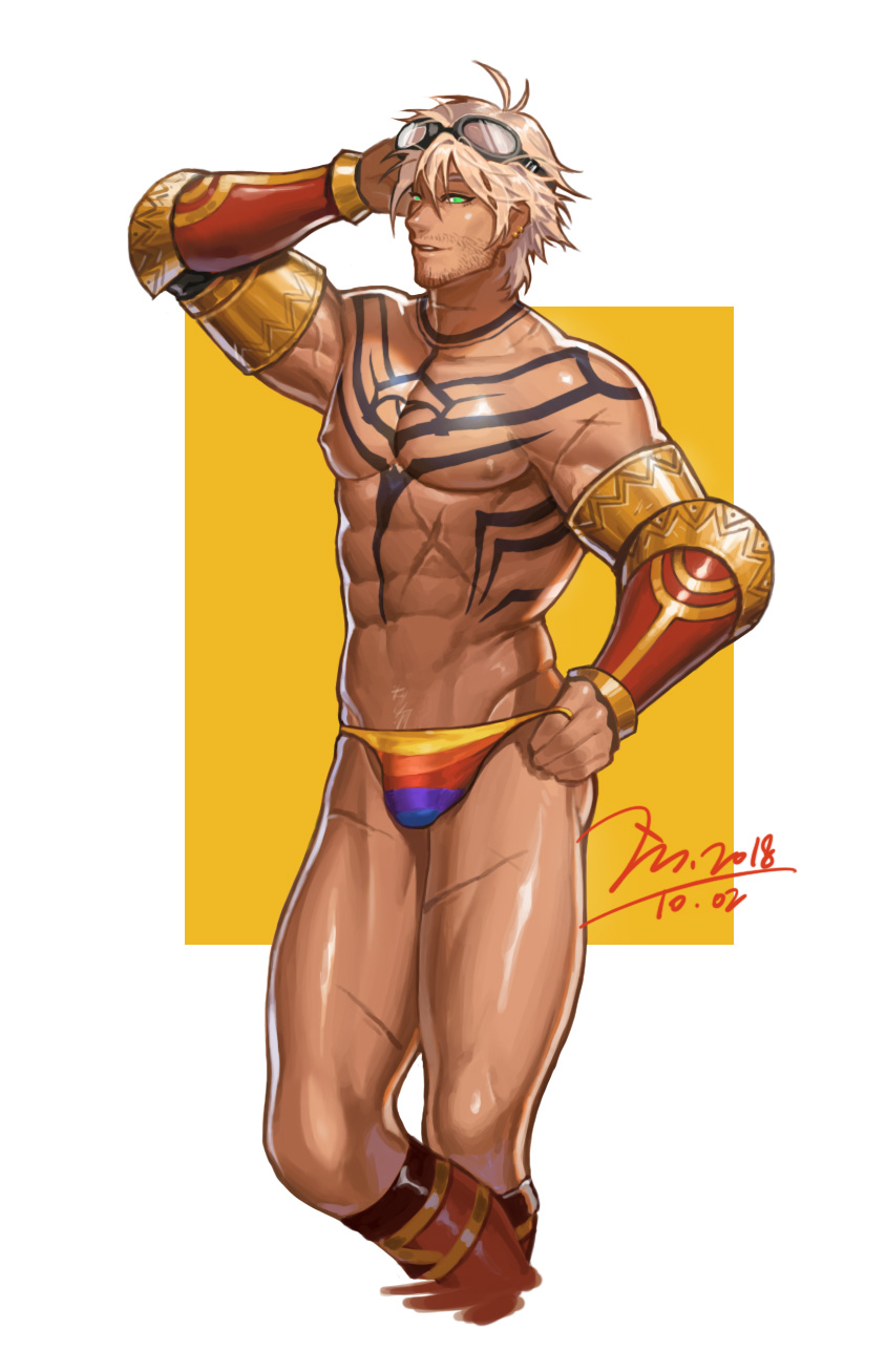 1boy abs arm_tattoo artist_name bara biceps bikini_briefs blonde_hair blue_eyes breasts character_request chest_tattoo crossed_legs dungeon_and_fighter ear_piercing earrings facial_hair gauntlets goggles hand_on_own_hip highres jewelry jin_(sirius-j) large_breasts large_pectorals leg_armor looking_at_viewer male_focus male_underwear male_underwear_pull manly mature_male multicolored_male_underwear muscular muscular_male neck_tattoo no_pants pectorals piercing scar scar_on_arm scar_on_leg smirk solo stomach_tattoo stubble tattoo topless_male underwear