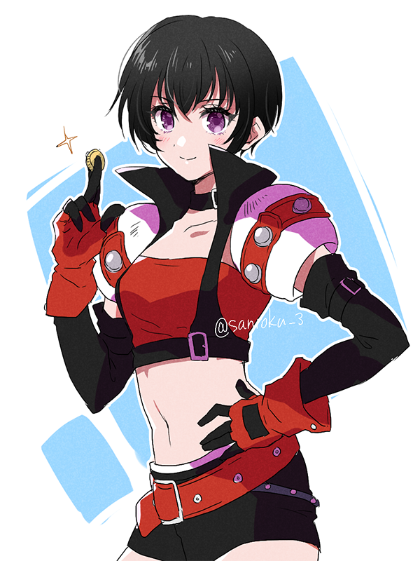 1girl armor belt black_choker black_gloves black_hair black_shorts breasts choker closed_mouth coin cowboy_shot crop_top elbow_gloves fingerless_gloves gloves hair_between_eyes hand_on_own_hip holding holding_coin light_blush medium_breasts midriff navel purple_eyes red_belt red_gloves red_shirt rutee_katrea sanroku_3 shirt short_hair short_shorts shorts shoulder_armor smile solo strapless tales_of_(series) tales_of_destiny tube_top twitter_username