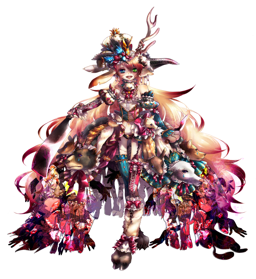 1girl allerleirauh bear blue_eyes dog green_eyes heterochromia hooves horns keroyon monster_girl original princess_royale simple_background stitches tears thighhighs white_background