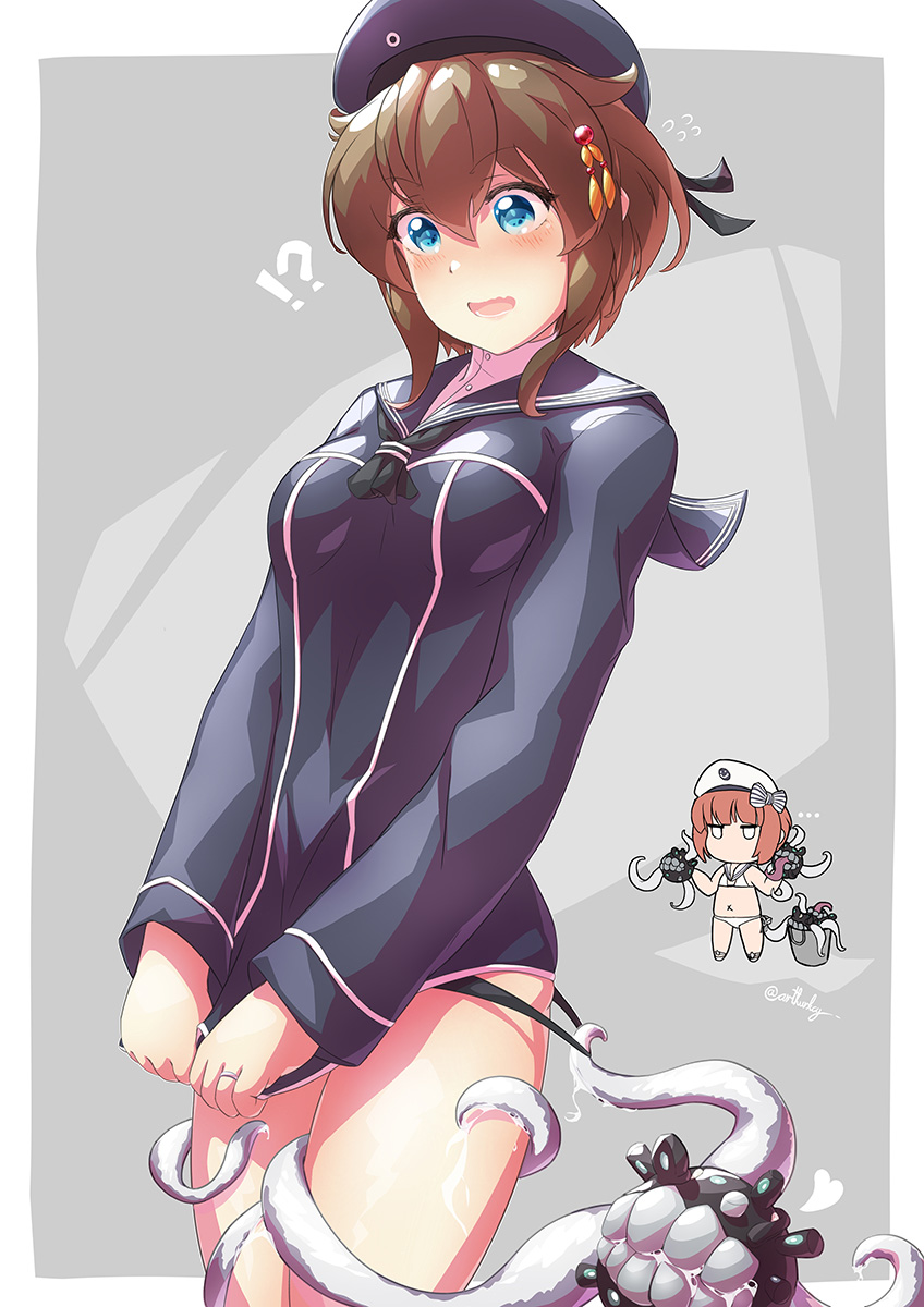 !? 2girls abyssal_ship arthur_ko bikini black_dress black_headwear black_panties black_sailor_collar blue_eyes blush border brown_hair cosplay dress enemy_naval_mine_(kancolle) flying_sweatdrops hair_between_eyes hat heart highres jewelry kantai_collection long_sleeves multiple_girls navel open_mouth panties red_hair ring sailor_bikini sailor_collar sailor_hat shigure_(kancolle) short_hair swimsuit twitter_username underwear wedding_band white_bikini white_border white_headwear z1_leberecht_maass_(kancolle) z1_leberecht_maass_(kancolle)_(cosplay) z3_max_schultz_(kancolle)