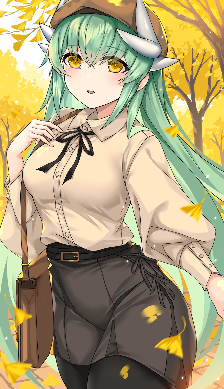 brown_hat falling_leaves fate/grand_order fate_(series) green_hair hat highres kiyohime_(fate) leaf long_hair long_sleeves looking_at_viewer morizono_shiki outdoors solo yellow_eyes
