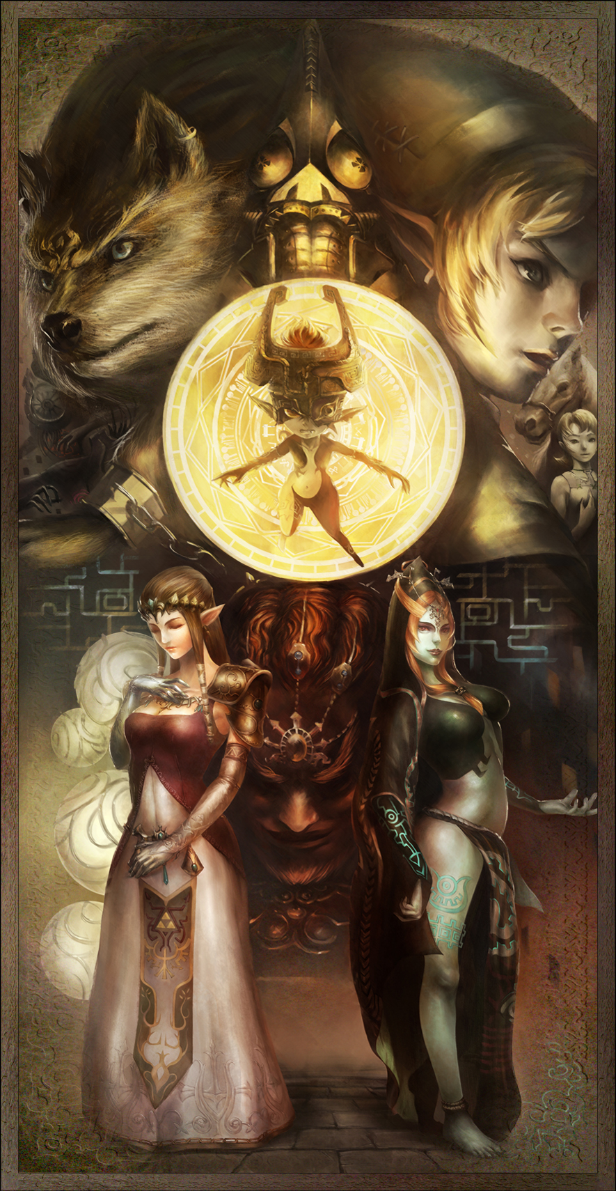 armor barefoot blonde_hair breasts circlet cleavage colored_skin cuffs dual_persona elbow_gloves epona closed_eyes ganondorf gloves green_skin hat highres horse ilia jewelry link wolf_link medium_breasts midna midna_(true) nintendo orange_hair pointy_ears princess_zelda shackles shoulder_armor smile tabechan the_legend_of_zelda the_legend_of_zelda:_twilight_princess white_gloves wolf