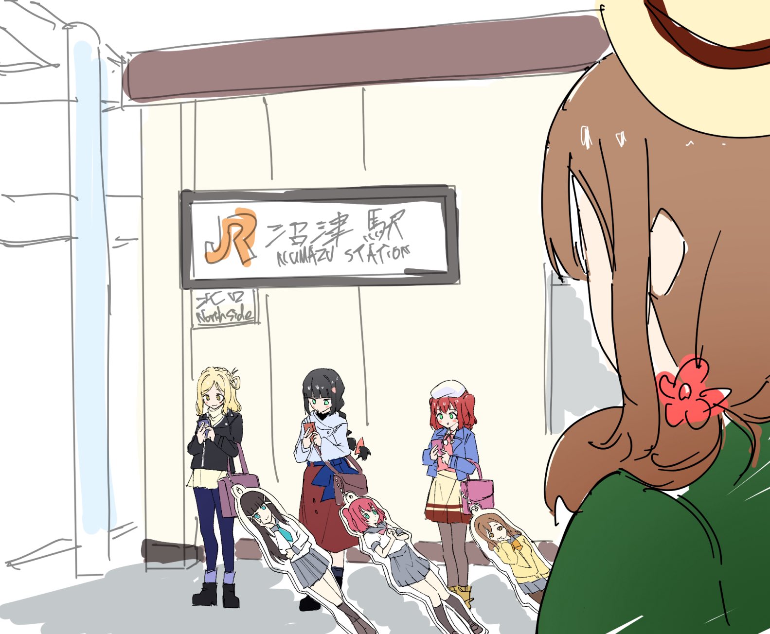 4girls april_fools aqua_eyes aqua_neckerchief black_boots black_hair black_jacket blonde_hair blue_jacket blue_pants blunt_bangs boots bow bowtie braid breasts brown_skirt cardigan cellphone character_charm charm_(object) commentary crown_braid elbow_carry flower green_jacket grey_sailor_collar grey_skirt hair_flower hair_ornament hair_petal hair_rings hairclip highres holding holding_phone hop?_stop?_nonstop! jacket kunikida_hanamaru kurosawa_dia kurosawa_ruby leather leather_jacket long_hair long_sleeves love_live! love_live!_sunshine!! love_live!_sunshine!!_the_school_idol_movie_over_the_rainbow low_twintails medium_breasts medium_hair miniskirt mole mole_under_mouth morosan!! multiple_girls neckerchief numazu ohara_mari open_clothes open_jacket orange_bow orange_bowtie outdoors pants phone pink_shirt pleated_skirt purple_bag real_world_location red_hair red_neckerchief sailor_collar school_uniform shirt single_hair_ring skirt smartphone standing sweater symbol-only_commentary turtleneck turtleneck_sweater twintails two_side_up uranohoshi_school_uniform white_jacket white_shirt white_sweater winter_uniform yellow_cardigan