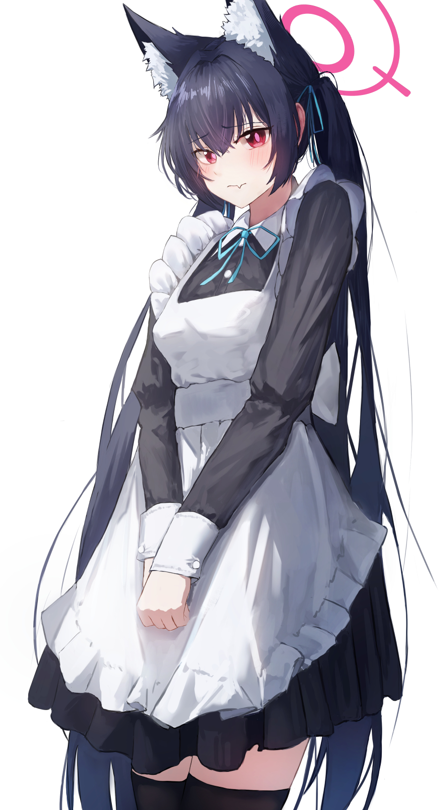 1girl alternate_costume animal_ear_fluff animal_ears apron black_dress black_hair black_thighhighs blue_archive blue_ribbon cat_ears cat_girl clenched_hand closed_mouth commentary cowboy_shot crossed_bangs dress enmaided extra_ears fang frilled_apron frills fujiwara_haru_(nekonote) furrowed_brow hair_between_eyes hair_intakes hair_ribbon halo highres long_hair long_sleeves looking_at_viewer maid maid_apron neck_ribbon pink_halo pink_pupils red_eyes ribbon serika_(blue_archive) shy sidelocks simple_background skin_fang sleeves_past_wrists solo straight_hair thighhighs twintails v_arms very_long_hair white_apron white_background zettai_ryouiki