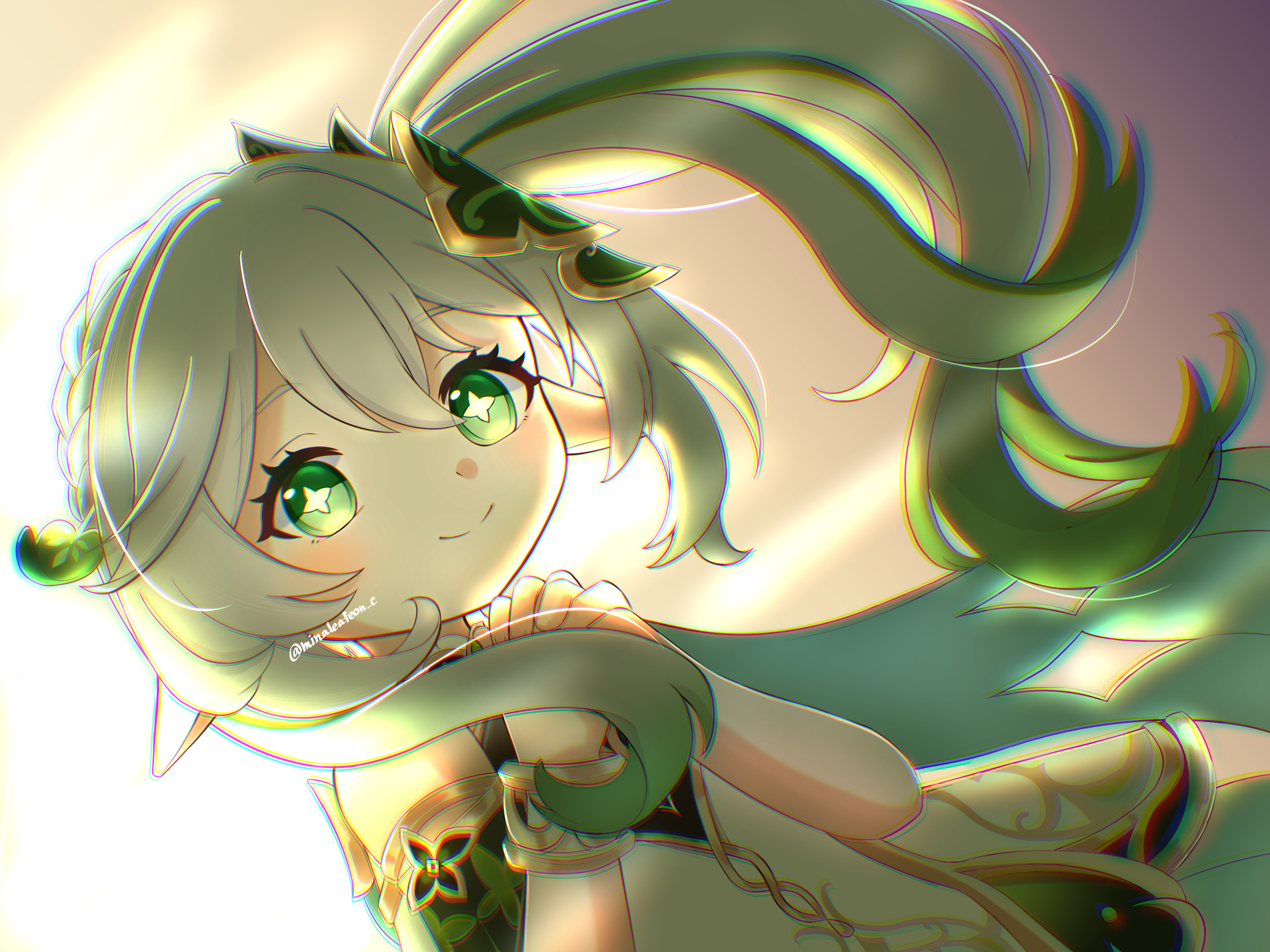 1girl absurdres bare_shoulders blush bracelet closed_mouth commentary_request detached_sleeves dress genshin_impact gold_trim gradient_hair green_eyes green_hair green_sleeves hair_between_eyes hair_ornament highres jewelry leaf_hair_ornament long_hair looking_at_viewer mina_(minaleafeon_c) multicolored_hair nahida_(genshin_impact) own_hands_clasped own_hands_together pointy_ears side_ponytail sleeveless sleeveless_dress smile solo star-shaped_pupils star_(symbol) symbol-shaped_pupils twitter_username white_dress white_hair