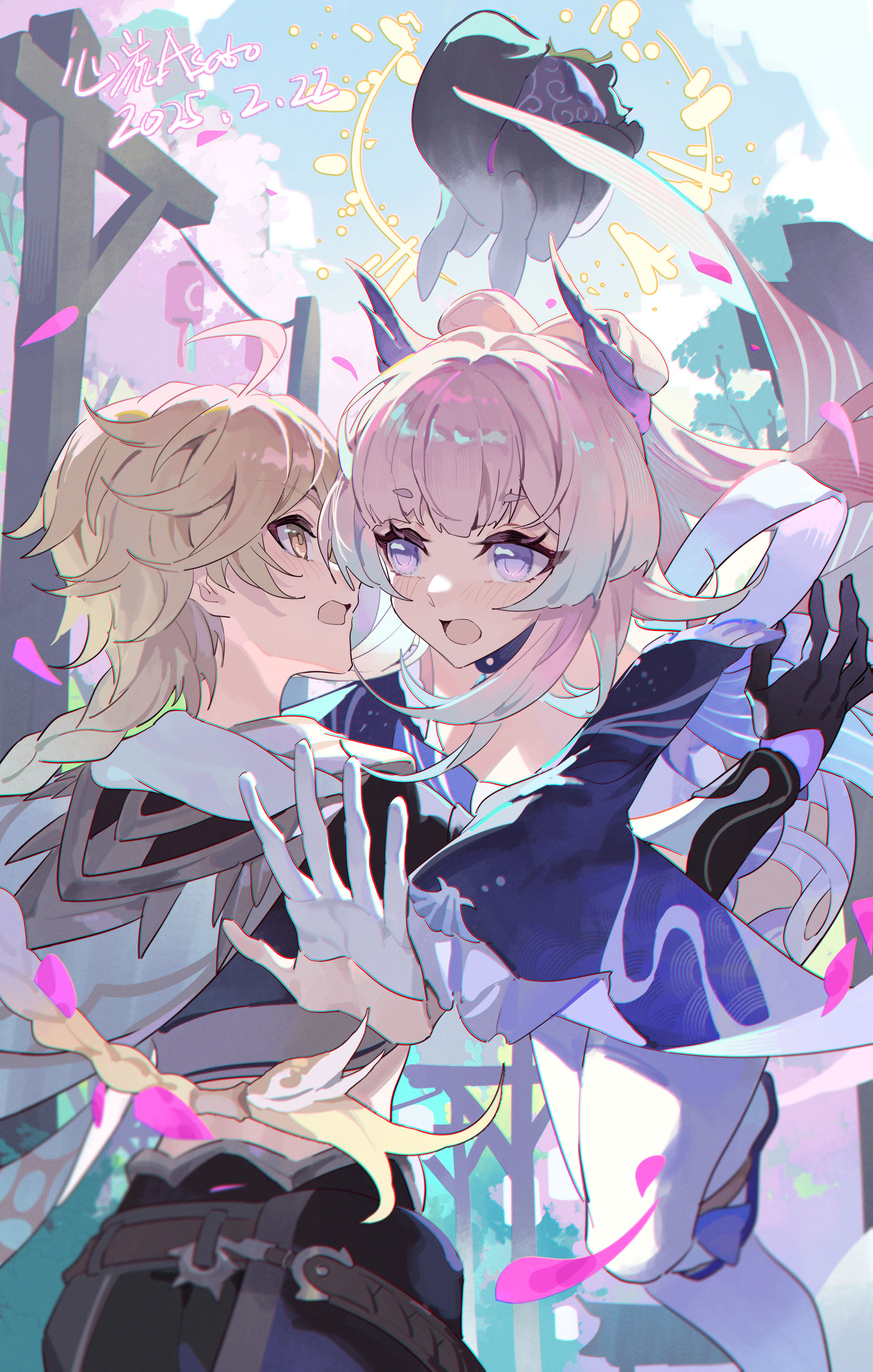 1boy 1girl absurdres aether_(genshin_impact) ahoge black_gloves blonde_hair blue_eyes blue_hair blunt_bangs bow-shaped_hair braid earrings genshin_impact gloves hair_between_eyes hair_ornament highres jewelry long_hair long_sleeves multicolored_hair open_mouth pink_hair purple_eyes sangonomiya_kokomi shirt thighhighs white_gloves wide_sleeves xinliu_asato yellow_eyes