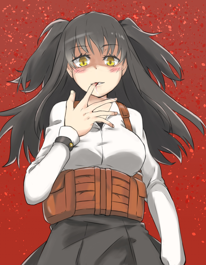 1girl black_hair blush breasts chest_rig collared_shirt commentary_request dot_nose finger_in_own_mouth grey_skirt hand_up large_breasts light_smile long_hair long_sleeves looking_at_viewer partial_commentary pleated_skirt pouch red_background saliva saliva_trail seductive_smile shaded_face shirt skirt smile solo toaru_kagaku_no_railgun toaru_kagaku_no_railgun_t toaru_majutsu_no_index twintails upper_body white_shirt wrist_belt yakutashi yellow_eyes yumiya_rakko