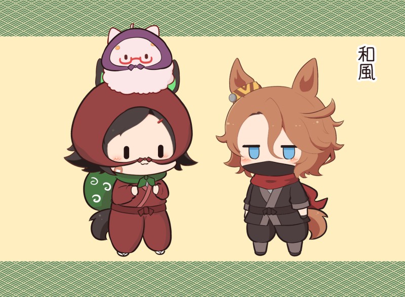 2girls :3 animal_ears bandaid bandaid_on_cheek bandaid_on_face biwa_hayahide_(umamusume) black_hair black_kimono black_shoes blue_eyes blush bnw_(umamusume) brown_hair chibi chibi_only closed_mouth commentary_request full_body gomashio_(goma_feet) green_scarf hat horse_ears horse_girl horse_tail japanese_clothes jitome kimono long_sleeves mask mouth_mask multiple_girls narita_taishin_(umamusume) red_hat red_kimono red_scarf scarf shoes short_hair simple_background smile standing tail translation_request umamusume white_shoes winning_ticket_(umamusume) |_|