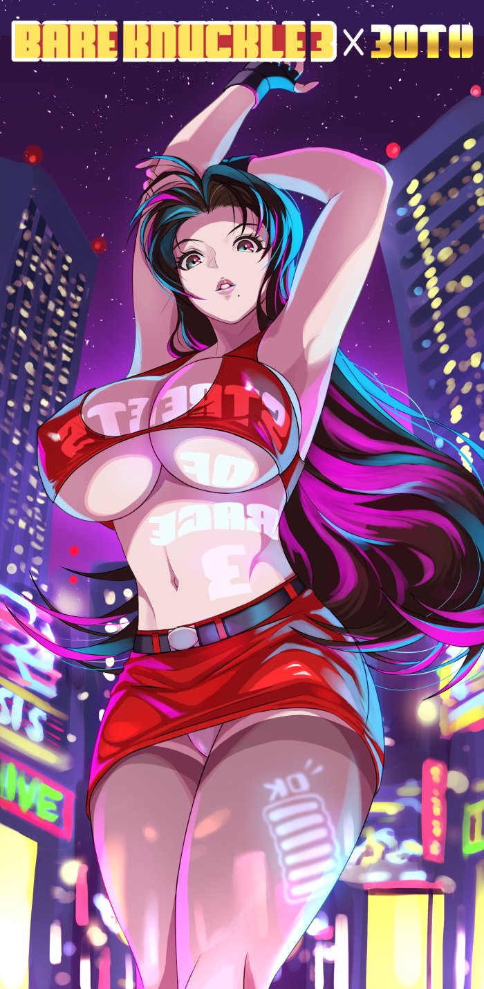 1girl anniversary armpits arms_up belt black_gloves blaze_fielding blurry blurry_background breasts brown_eyes brown_hair city cityscape cleavage covered_erect_nipples crop_top ema_(emaura) female_focus fingerless_gloves gameplay_mechanics gloves health_bar highres large_breasts lips long_hair looking_at_viewer matching_hair/eyes miniskirt mole mole_under_mouth navel neon_lights night panties parted_lips red_skirt sega skirt solo star_(sky) streets_of_rage streets_of_rage_3 tank_top teeth underwear white_panties