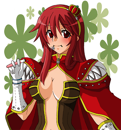 1girl blush breasts brown_dress cape cleavage closed_mouth commentary_request creator_(ragnarok_online) crown dress flower flower_in_mouth gloves large_breasts long_hair looking_at_viewer mini_crown monou0135 plunging_neckline ragnarok_online red_cape red_crown red_eyes red_hair smile solo strapless strapless_dress white_background white_flower white_gloves