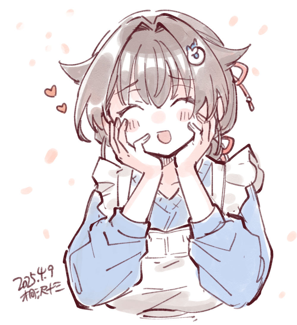 1girl apron artist_name black_hair blue_sweater closed_eyes dated facing_viewer frilled_apron frills hair_flaps hair_ornament hands_on_own_face heart jingei_(kancolle) jingei_(spring)_(kancolle) kantai_collection kirisawa_juuzou long_hair low_ponytail ponytail solo sweater upper_body whale_hair_ornament white_apron