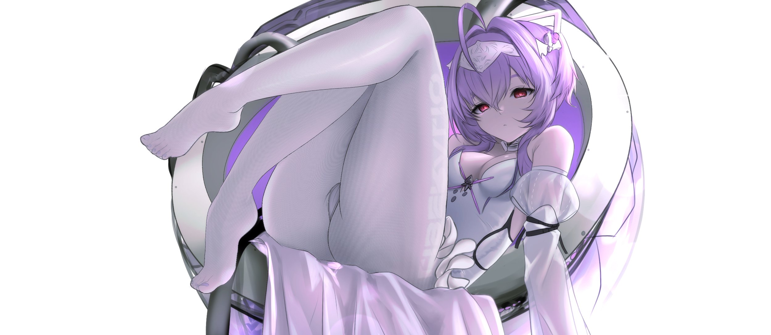 1girl ahoge ass bare_shoulders breasts closed_mouth detached_sleeves frown goddess_of_victory:_nikke hair_intakes hairband highres legs_up leotard liberalio_(nikke) looking_at_viewer pantyhose purple_hair red_eyes short_hair sidelocks simple_background sitting small_breasts solo uzzy2801 white_background white_leotard white_pantyhose white_sleeves