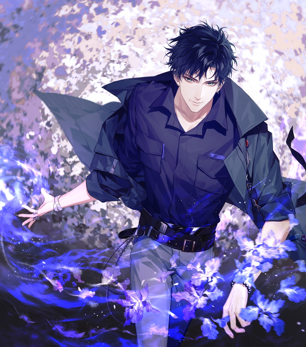 1boy belt black_belt black_hair black_shirt blue_eyes bracelet chain closed_mouth collared_shirt cowboy_shot flower jacket jewelry light_and_night_love looking_at_viewer male_focus pants pocket reloon shirt short_hair solo standing watch xiao_yi_(light_and_night_love)