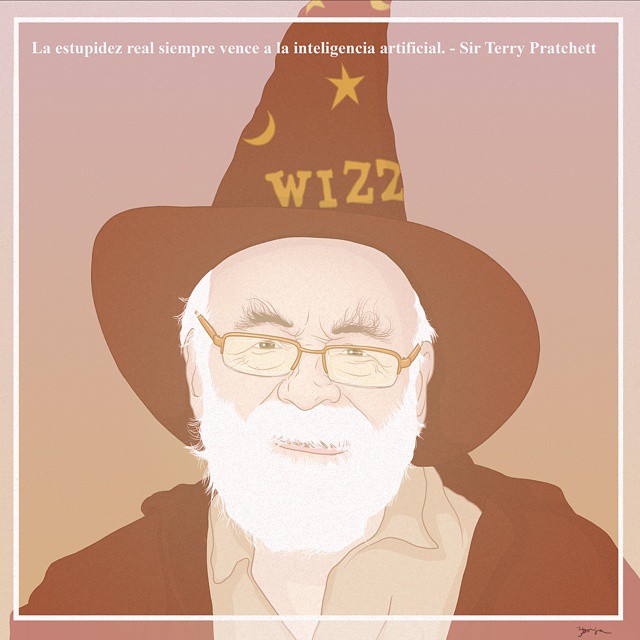 1boy beard discworld facial_hair glasses hat male_focus portrait solo spanish_text terry_pratchett wizard_hat