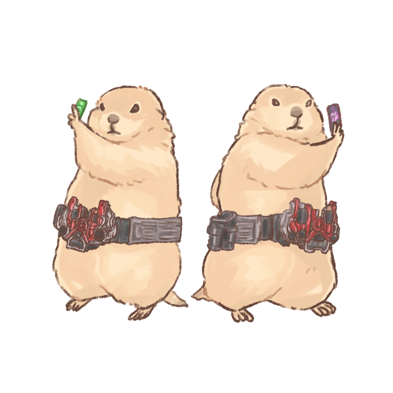 animal_focus belt brown_fur commentary double_driver rider_belt full_body gaia_memory henshin_pose kamen_rider kamen_rider_double kamen_rider_w looking_at_viewer prairie_dog py0wwk rider_belt simple_background tail white_background